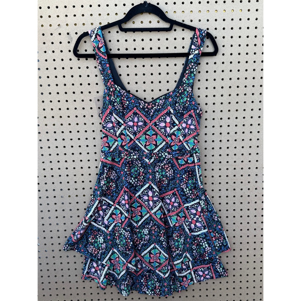 Free People M Geometric Print Tiered Mini Dress Navy Pink Sleeveless V-Neck